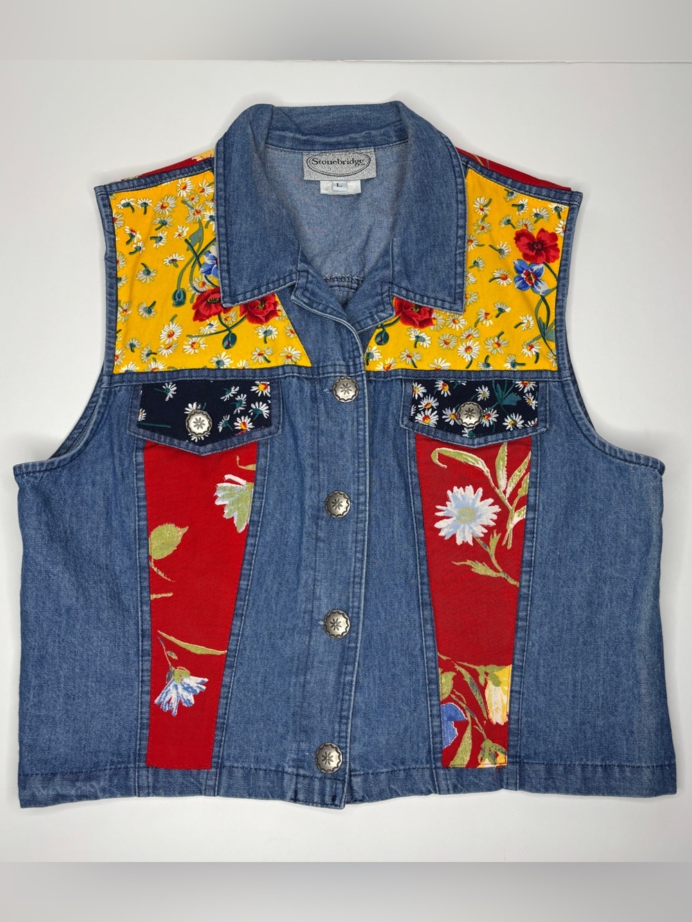 Vintage 90s Y2K vest Stonebridge patchwork floral multicolored denim size large